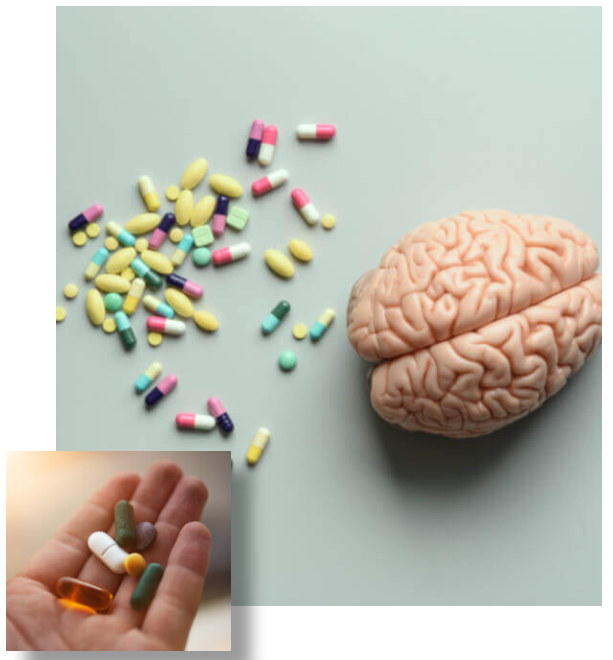supplements and a brain on a table
